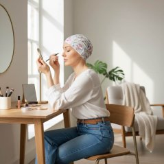 Pokrývka hlavy po chemoterapii a na alopéciu kvetkovaná. Pokrývka hlavy po chemoterapii a na alopéciu kvetkovaná.