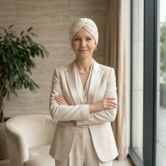 Krémový bio bavlnený turban po chemoterapii Canaver Belora so vzorom lístkov. Špeciálny strih dodá tvojej hlave prirodzený objem a tebe ten pravý pocit ženskosti.