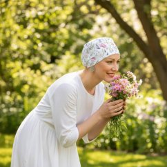 Žena na lúke nosiacia čiapku po chemoterapii Canaver Classic s kvetkovaným vzorom. Žena na lúke nosiacia čiapku po chemoterapii Canaver Classic s kvetkovaným vzorom.