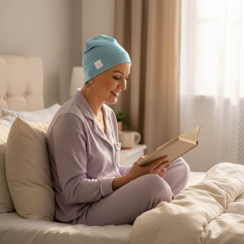 Dámska čiapka na spanie pre onkologické pacientky Canaver sivomodrá.