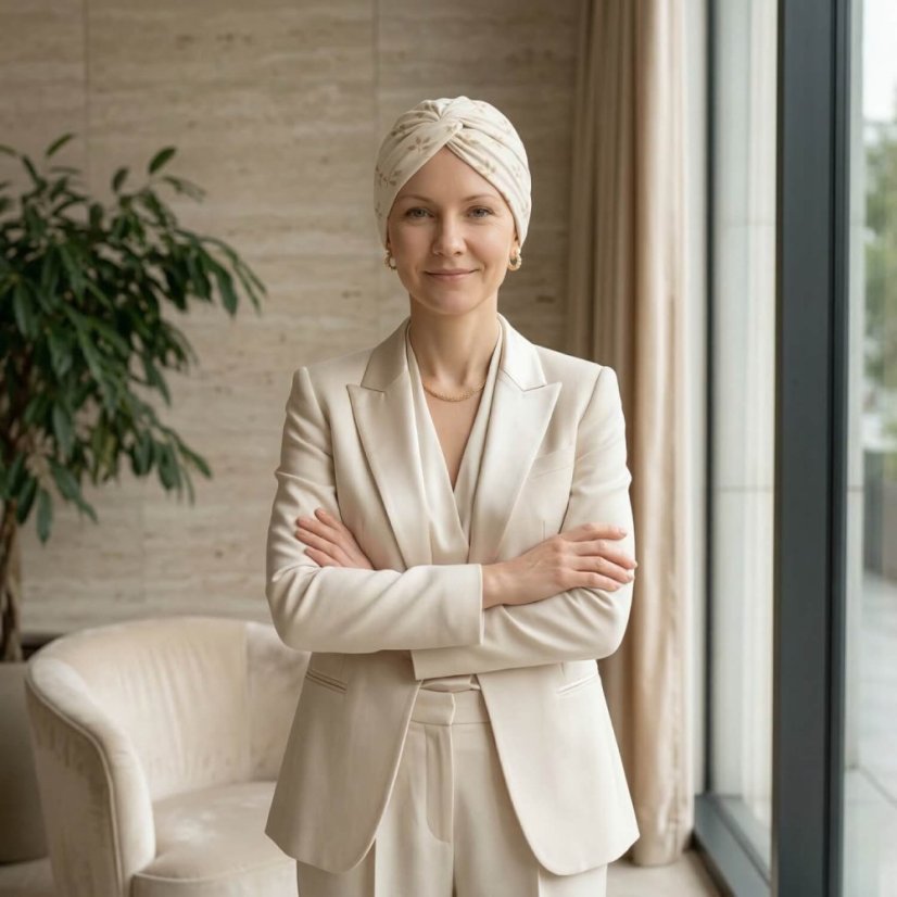 Krémový bio bavlnený turban po chemoterapii Canaver Belora so vzorom lístkov. Špeciálny strih dodá tvojej hlave prirodzený objem a tebe ten pravý pocit ženskosti.