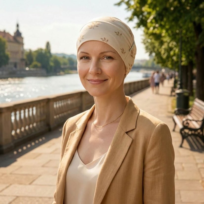 Usmievavá žena v letnom saku na prechádzke mestom. Čiapka Reeva Leaves vyzerá fantasticky aj k elegantnému outfitu a nechá pokožku voľne dýchať.