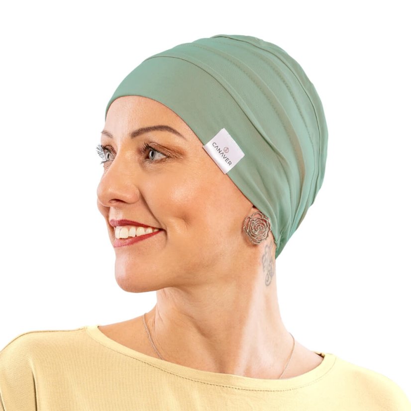 Canaver onko čiapka mätovo zelená, bavlnená pokrývka hlavy pre ženy po chemoterapii a alopécii.