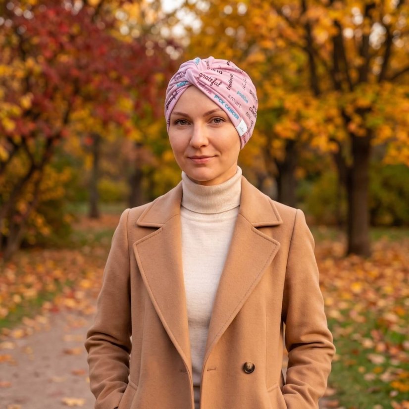 Bavlnený turban Canaver Belora F*ck Cancer ružový.