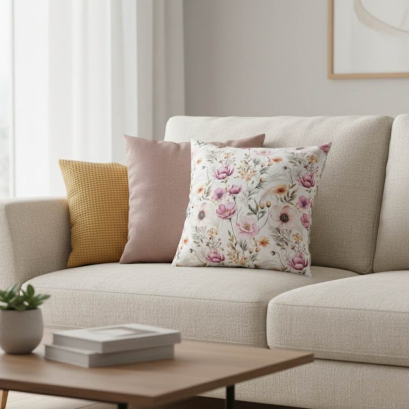 Dizajnová obliečka na vankúš Canaver Delia Avero na sedačke, slovenský výrobok z certifikovaného saténu pre onkologické pacientky.