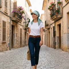 Letná onko čiapka Sonabella Vintage Green v mestskom prostredí – elegantný strih so šiltom a predĺženou zadnou časťou spoľahlivo chráni tvár aj krk počas slnečnej prechádzky.