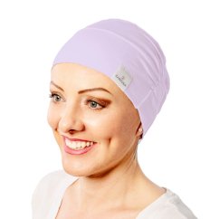 Tenká fialová bavlnená čiapka pre onkologické pacientky po chemoterapii Canaver. Čiapka na alopéciu. 