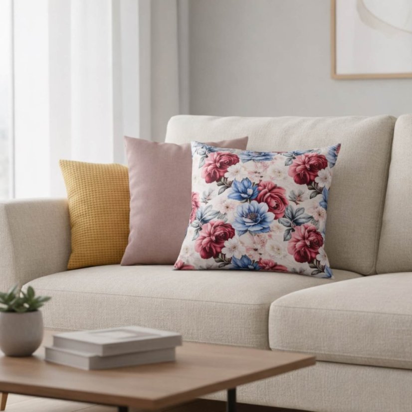 Dizajnová obliečka na vankúš Canaver Delia Tameri na sedačke, slovenský výrobok z certifikovaného saténu pre onkologické pacientky.