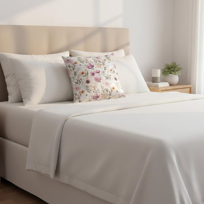 Saténová obliečka Canaver Delia Avero v spálni na posteli, chráni citlivú pokožku hlavy, ktorú majú pacientky po chemoterapii, vďaka hladkému povrchu.