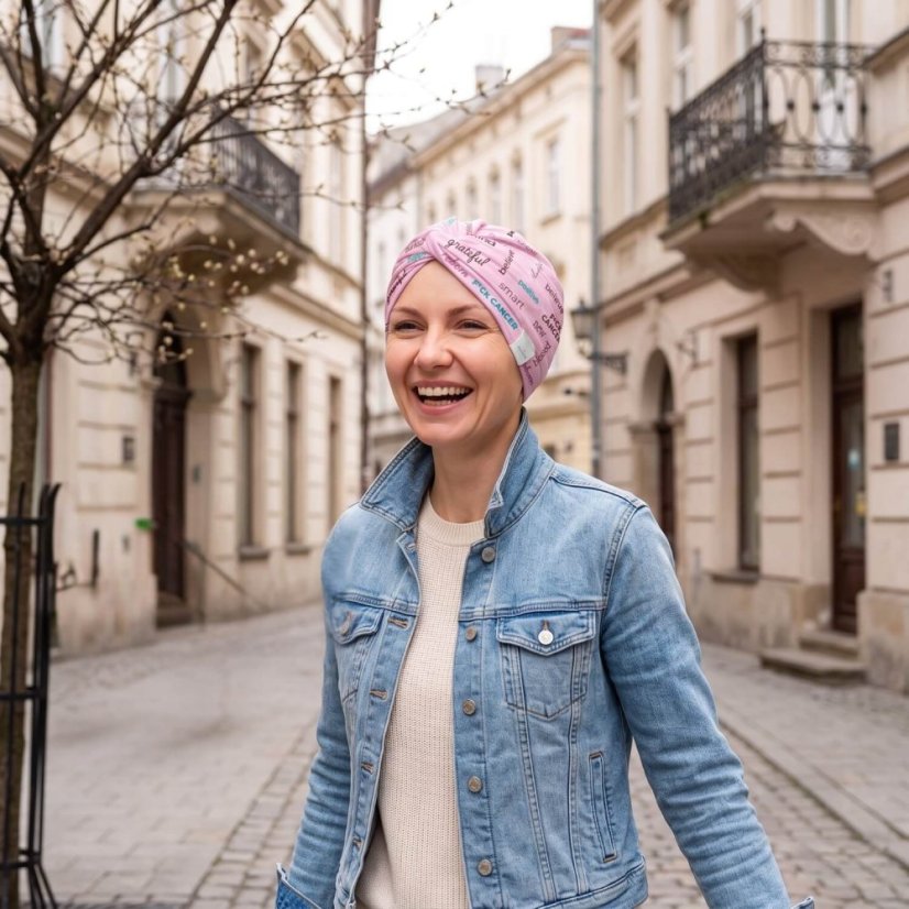 Bavlnený turban Canaver Belora F*ck Cancer ružový.