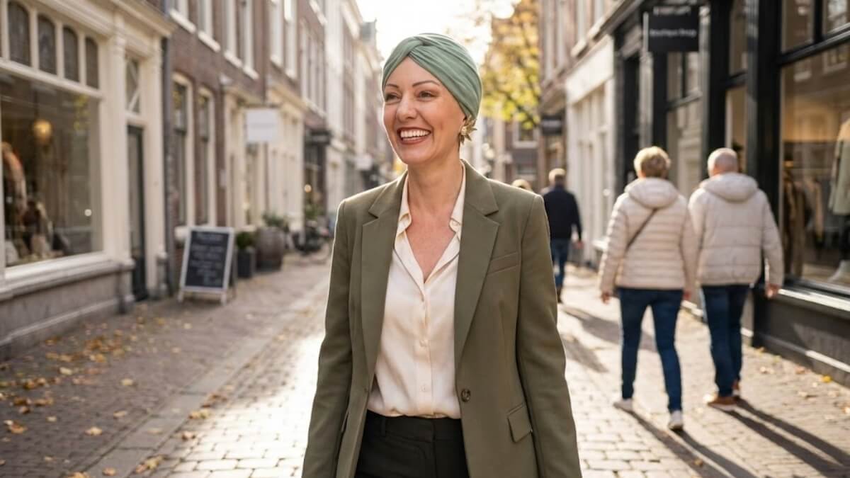 Štýlová žena s alopéciou na prechádzke mestom v jesennom outfite s Canaver turbanom po chemoterapii.