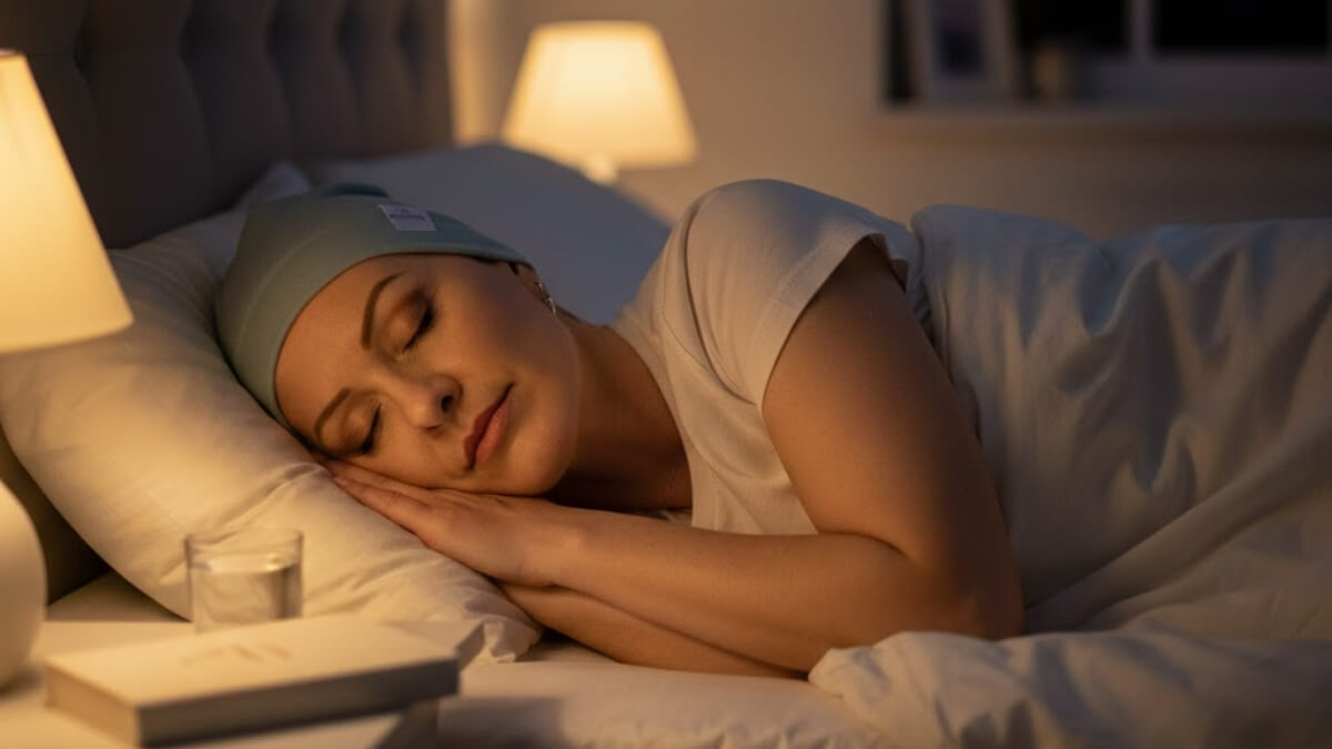 Čiapka na spanie pre onko pacientky bavlnená sivomodrá.